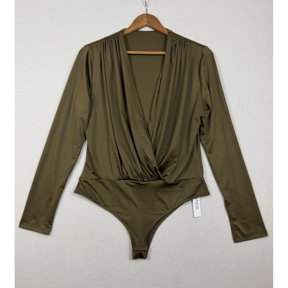 New LYANER Bodysuit Long Sleeve Wrap Front Ruched V-Neck Size XL Green Brown NWT